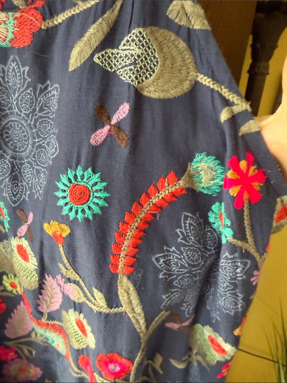 Navy Floral Embroidered Halter 100% Cotton Resort Style Dress - Picture 3 of 12